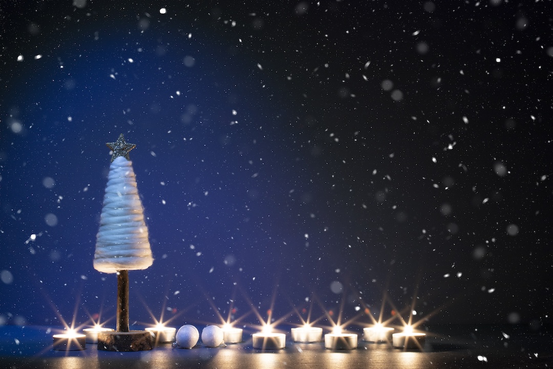 christmas decorations with a dark starry sky